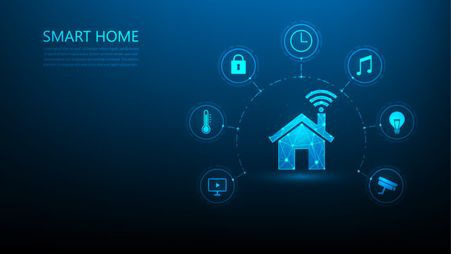 smart home technology with devices icon on blue background. home control system and technology icons. house control device. vector illustration fantastic hi tech design. iot automation concept.