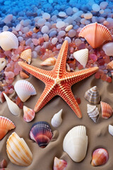 Fototapeta na wymiar Shells and starfishes on the beach