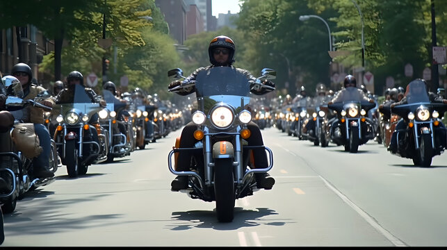 parade of motorcyle with thousands of bikers on the road, motorcyclists in helmets on biker show