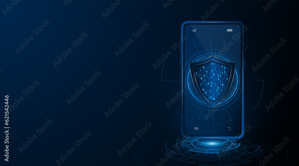 Poster Shield symbol, smartphone security concept and cyber data protection and privacy. Advanced security technology innovation concept background.
