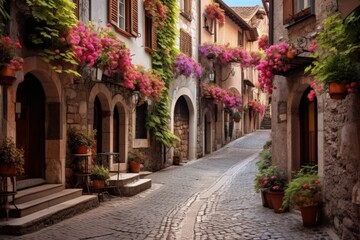 a cobblestone street in an old european town, generative ai