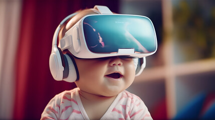 Cute baby wearing VR headsets and enjoying virtual reality entertainment for children