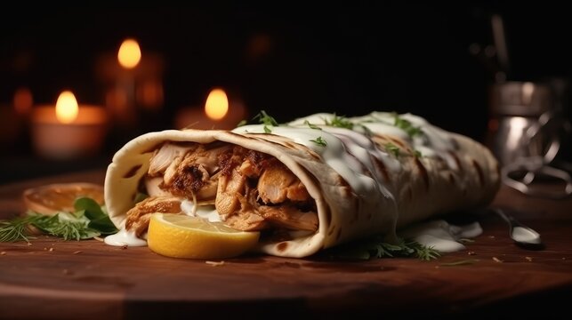 Delicious chicken kebab on wooden board and a black background