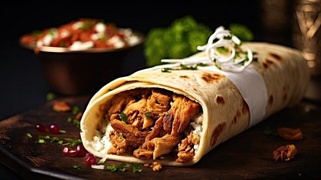 Delicious chicken kebab on wooden board