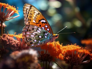 detailed macro shot of a butterfly on a blooming flower, generative ai
