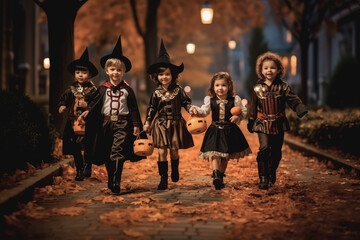 Cute little kids wearing Halloween costumes going to trick or treat - obrazy, fototapety, plakaty