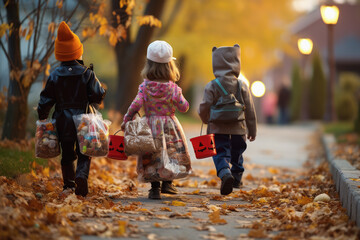 Cute little kids wearing Halloween costumes going to trick or treat