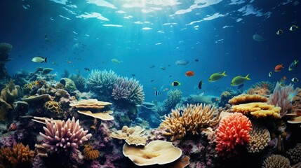 Naklejka na ściany i meble underwater shot of a vibrant coral reef teeming with sea life, generative ai