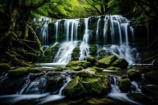 long exposure of a waterfall in a lush forest, generative ai