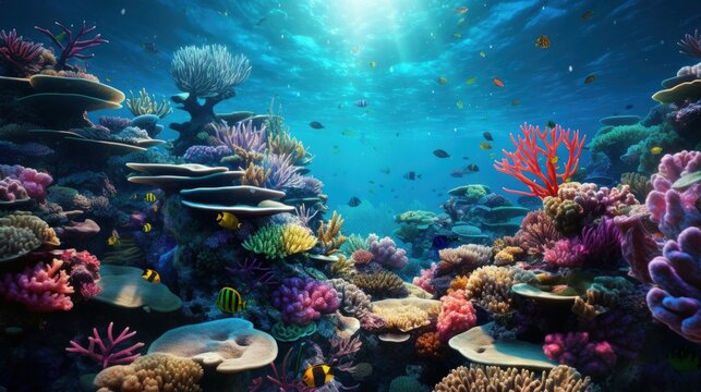 underwater shot of a vibrant coral reef teeming with sea life, generative ai
