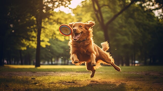 candid shot of a dog catching a frisbee in motion, generative ai