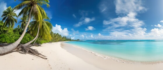 Obraz na płótnie Canvas panoramic view of an idyllic beach with white sand, generative ai