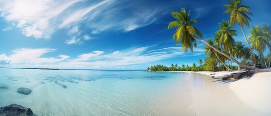 Fototapeta na wymiar panoramic view of an idyllic beach with white sand, generative ai