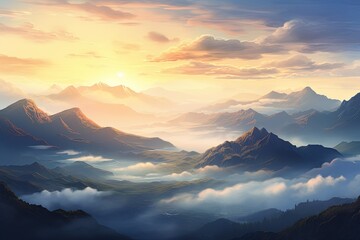 serene landscape of a foggy mountain range during sunrise, generative ai