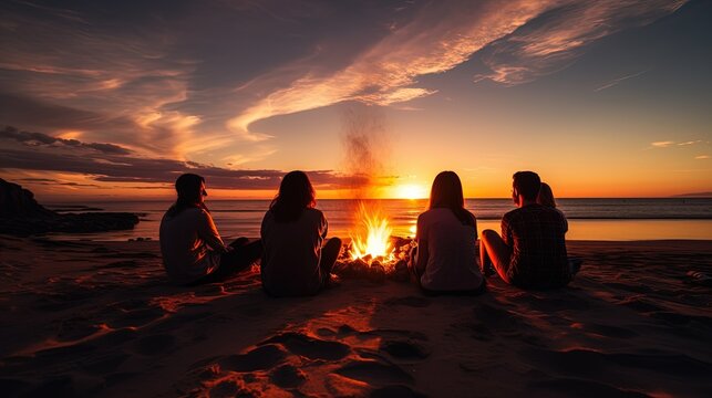 silhouette of a group of friends enjoying a bonfire, generative ai