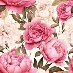Watercolor peonies flowers seamless pattern. Hand drawn wallpaper design. Repeating texture with floral branches and pink flowers on white background.