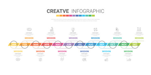 Timeline for 1 year, 12 months, infographics all month planner design and Presentation business can be used for workflow, process diagram, flow chart.
