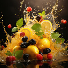 Fototapeta na wymiar Illustration of a Wild berries, lemons and water splash. .Generative AI. 