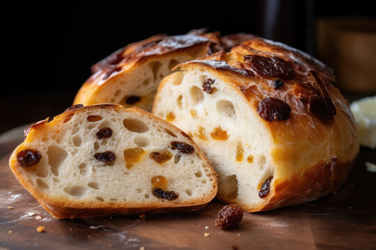 homemade rasins bread on background