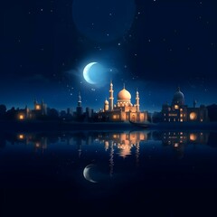 Fototapeta na wymiar The mosque next to the lake on a beautiful night, Islamic New Year