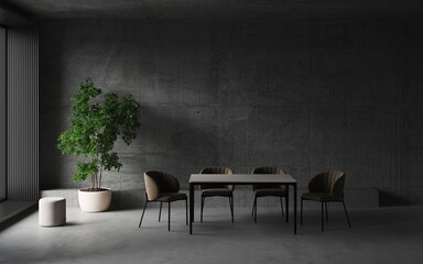 Dark dining room with dining table, concrete wall and floor. Decor big tree in a pot. Wall background 3D illustration rendering. Dirty vintage pattern on the wall and floor. Cement backdrop