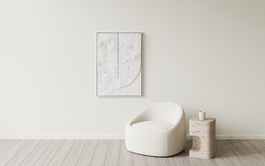 3d rendering of modern living room with armchair. Decorative coffee table made of natural stone Beige abstract wave texture images art on wall. Wooden floor, beige empty walls. Frame mockup