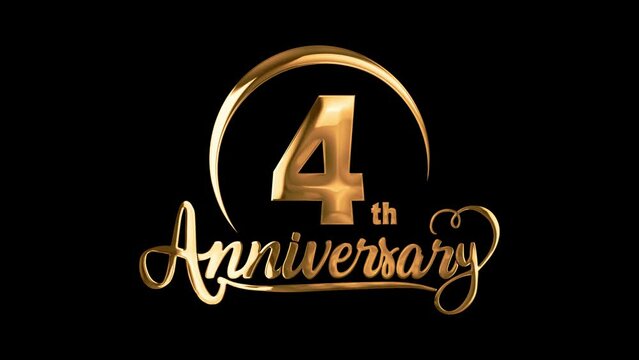 4th Happy Anniversary Typography Golden text animation appear on black background. Greeting card, birthday card, invitation card, Celebration, party, holiday, wish festive decoration concept