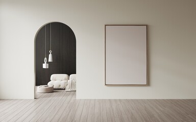 Empty poster frame on wall in living room with entrance arch door. In the background is a dark living room with wood paneling on the walls. 3d rendering