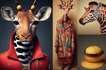 clothes and accessories leopard zebra cow giraffe, animals with clothes, generative ai