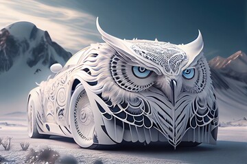 glacial intricate luxury white owl racing car, generative AI