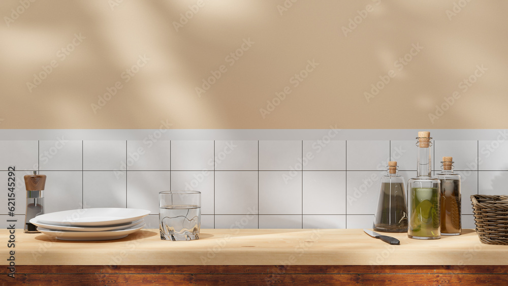 Poster Kitchen wooden countertop background with sunlight beams and window and leaf shadows with copy space. wooden table empty space for presentation and design. cozy home summer background