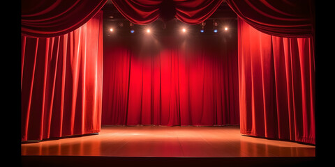 Realistic theater red dramatic curtains, spotlight on stage theatrical classic drapery template illustration. Stage with red curtains - obrazy, fototapety, plakaty