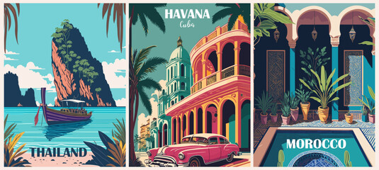Set of Travel Destination Posters in retro style. Havana Cuba, Marrakech Morocco, Phuket Thailand prints. International summer vacation, holidays concept. Vintage vector colorful illustrations. - obrazy, fototapety, plakaty