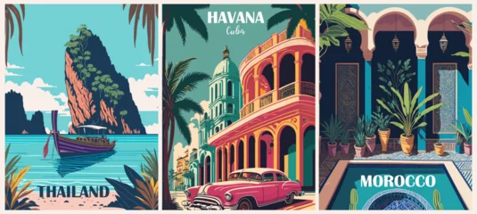 Foto op Plexiglas Set of Travel Destination Posters in retro style. Havana Cuba, Marrakech Morocco, Phuket Thailand prints. International summer vacation, holidays concept. Vintage vector colorful illustrations. © Creative Juice