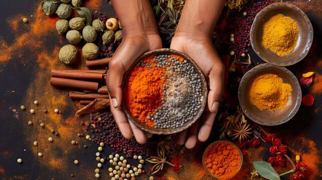 Hands carrying a bowl full of spices to prepare a recipe. generative AI