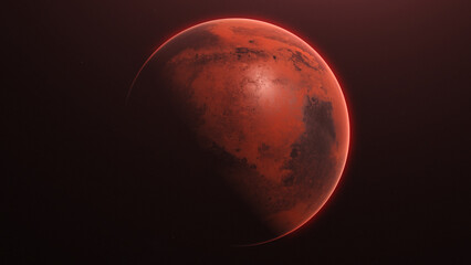 Render of Mars in Black Space, Half Illuminated and Half in Darkness with Clear Texture
