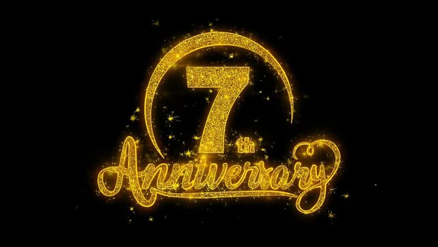 7th Happy Anniversary typography text Reveal from Golden on Glitter Shiny Magic Particles Sparks. For Greeting Card, Celebration, Wishes, Events, Message, holiday, festival concept