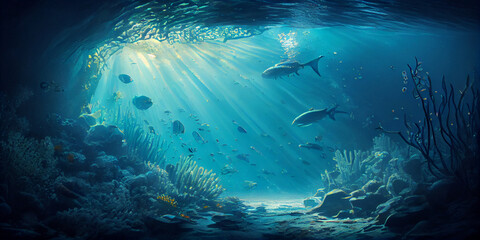 Underwater seascape - rays of light, fish and coral reef. Generative AI - obrazy, fototapety, plakaty