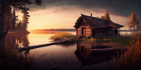 Fototapeta premium An old wooden house and a bridge to it on the island of a secluded small forest lake. Generative AI