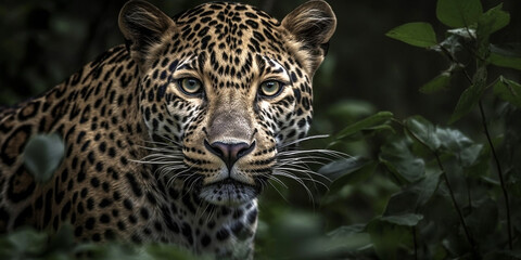 Naklejka na ściany i meble Portrait of a jaguar or leopard in the wild, close-up. Generative AI