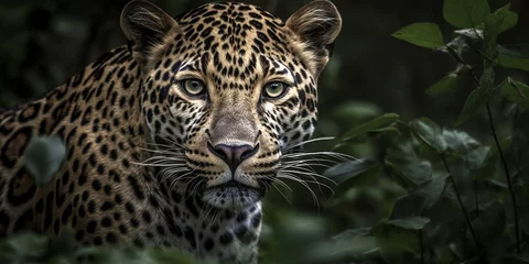 Zelfklevend Fotobehang Luipaard Portrait of a jaguar or leopard in the wild, close-up. Generative AI
