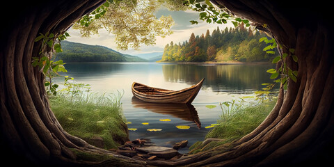 An old wooden boat near the shore of a small forest deserted lake. Generative AI