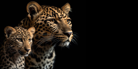 Portrait of two leopards or jaguars on an isolated black background. Generative AI