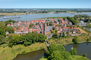 Fototapeta na wymiar Aerial from the historical city Woudrichem at the river Merwede in the Netherlands