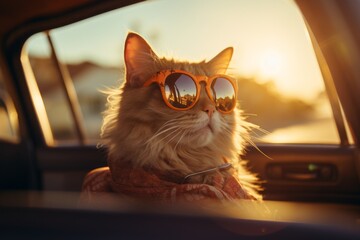 Happy cat with sun glasses in car go to rest at sea. summer vocation travel. generative AI - obrazy, fototapety, plakaty