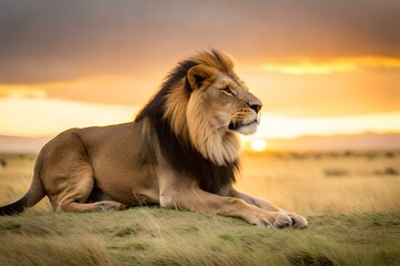 A lion stands proudly on the vast African savanna, its silhouette framed against a mesmerizing sunset sky. The colors of the sunset are vibrant and intense, ranging from deep oranges and purples to fi
