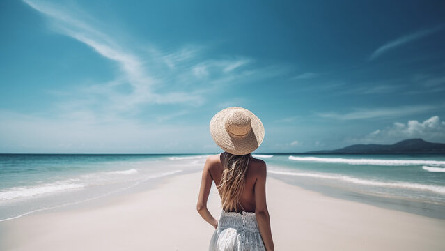 Beautiful young woman on a sandy tropical sea beach, view from the back. Generative AI