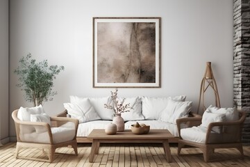 interior design of living room with sofa, plant, wooden table. created generative ai.