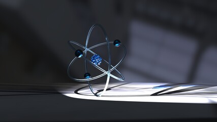 blue atom model nucleus with electrons in spotlight with reflections on the floor 3d illustration Rendering - obrazy, fototapety, plakaty