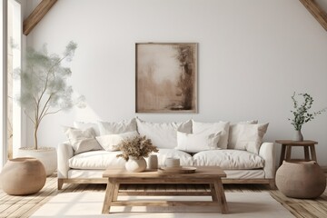 interior design of living room with sofa, plant, wooden table. created generative ai.